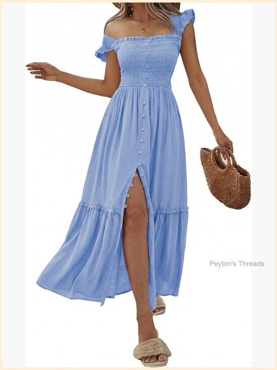 Dresses & Skirts - Midi Dress Square Neck Button Down Smocked Ruffle Strap Flowy Beach Sundress